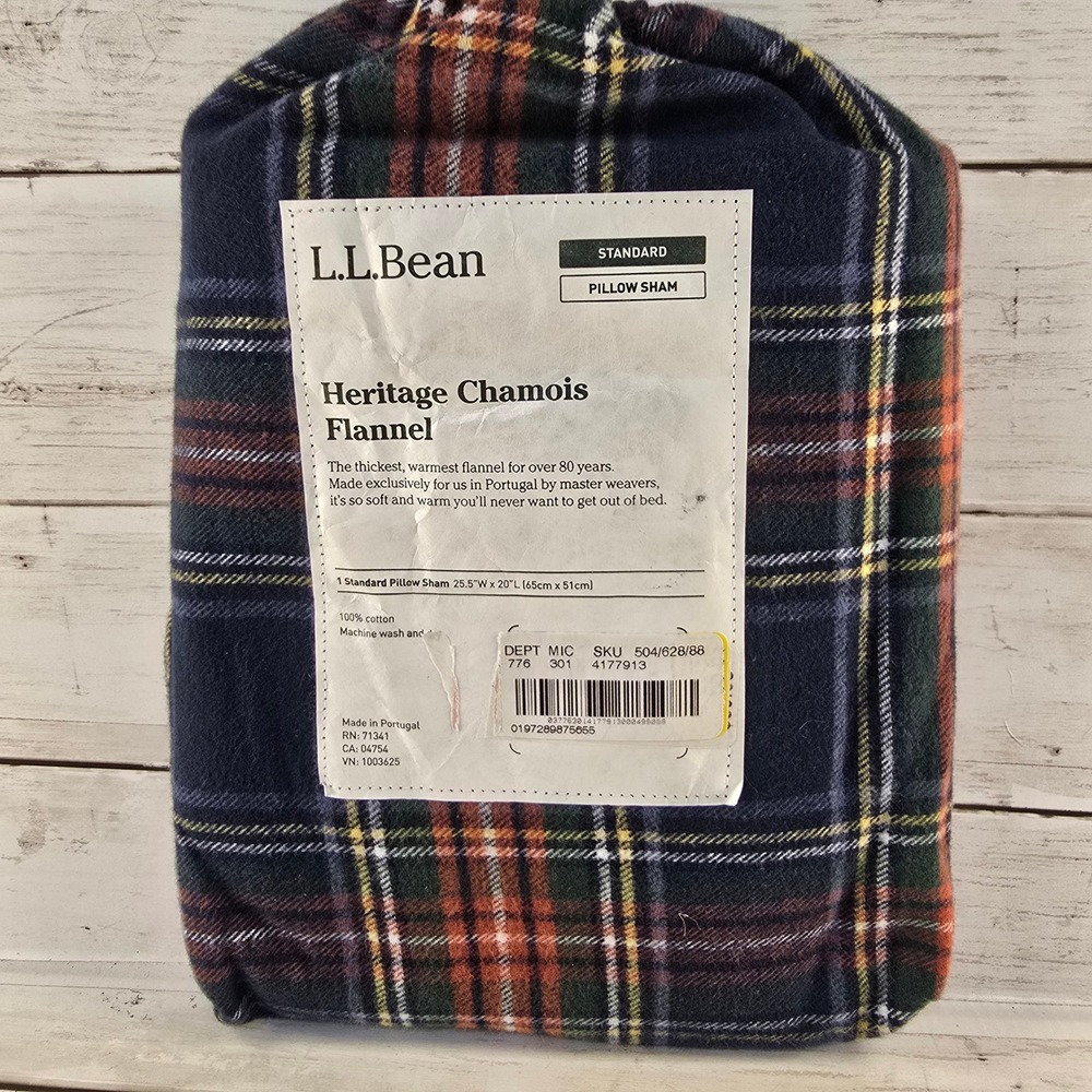 NEW L.L. Bean Heritage Chamois Flannel STD Pillow Sham Navy Green Plaid Cotton